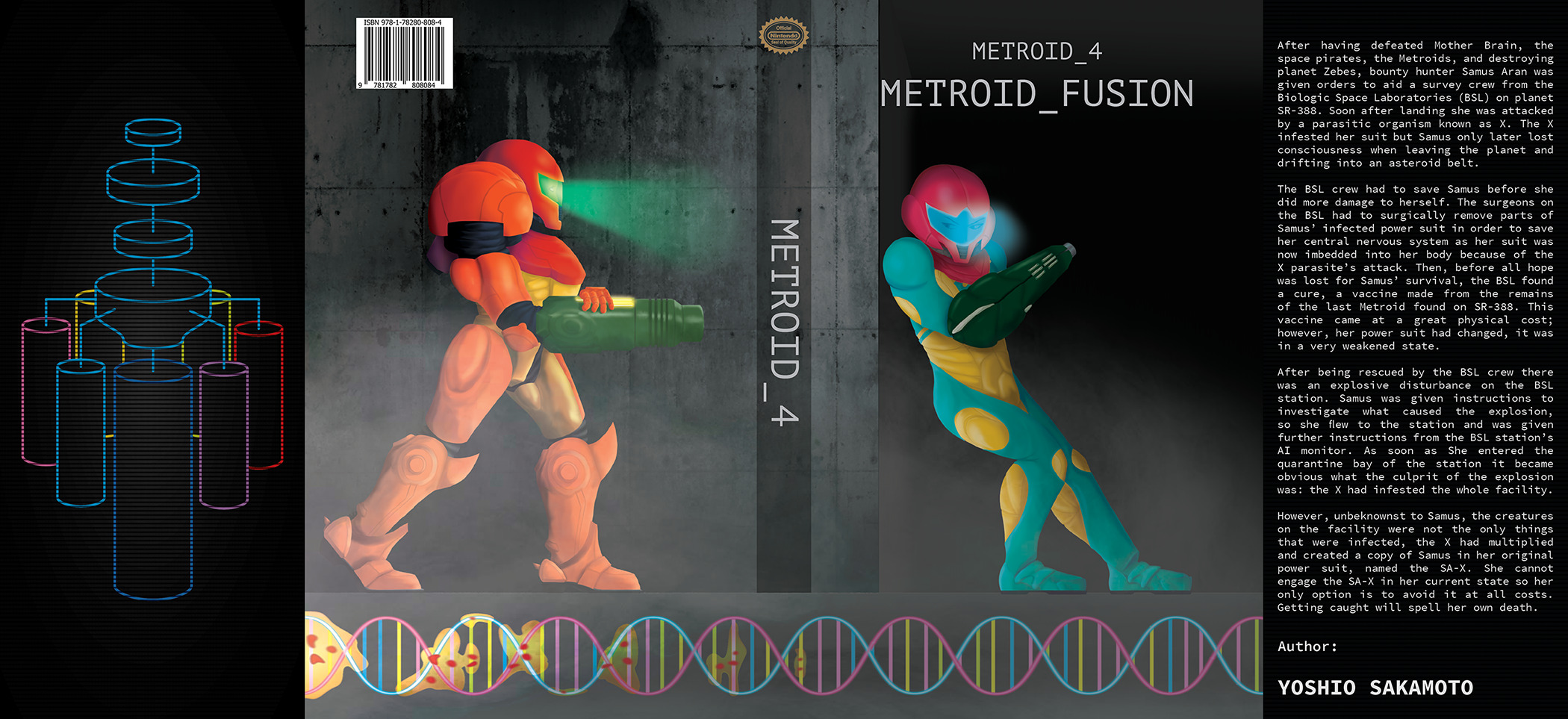 A dust jacket for a fake book based on a video game of the same name titled Metroid Fusion.