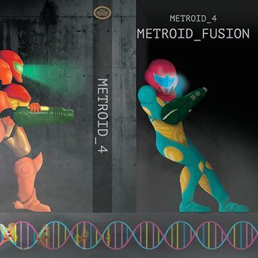 A dust jacket for a fake book based on a video game of the same name titled Metroid Fusion.