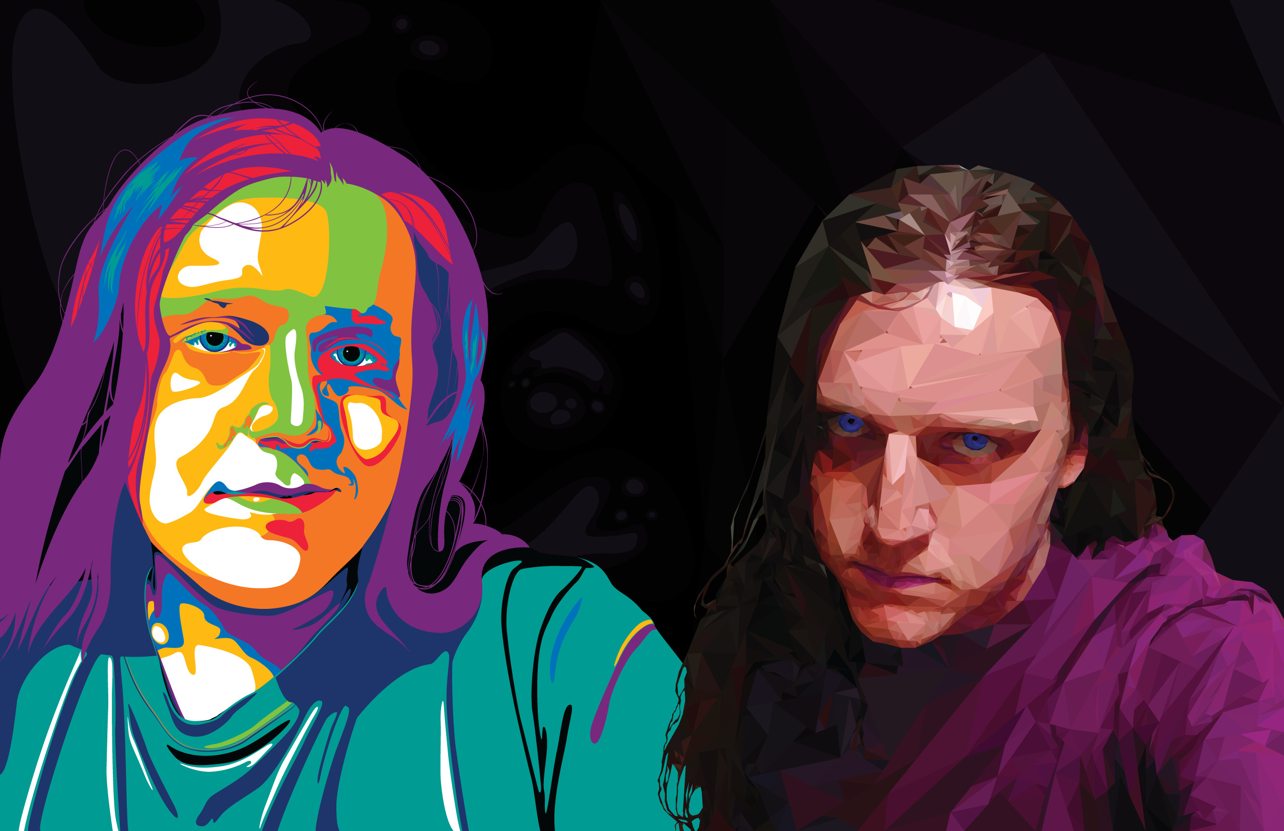 Two portraits of myself. The one on the left styled in a colourful, bubbly shape style, and the one on the right styled in an angular triangle-only style. The left is happy and the right is angry.