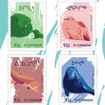 4 stamps depicting 4 different animals found in Kuujjuaq. The title says 'Animals of Kuujjuaq', with each stamp's title being the animal's name written in inuktitut.