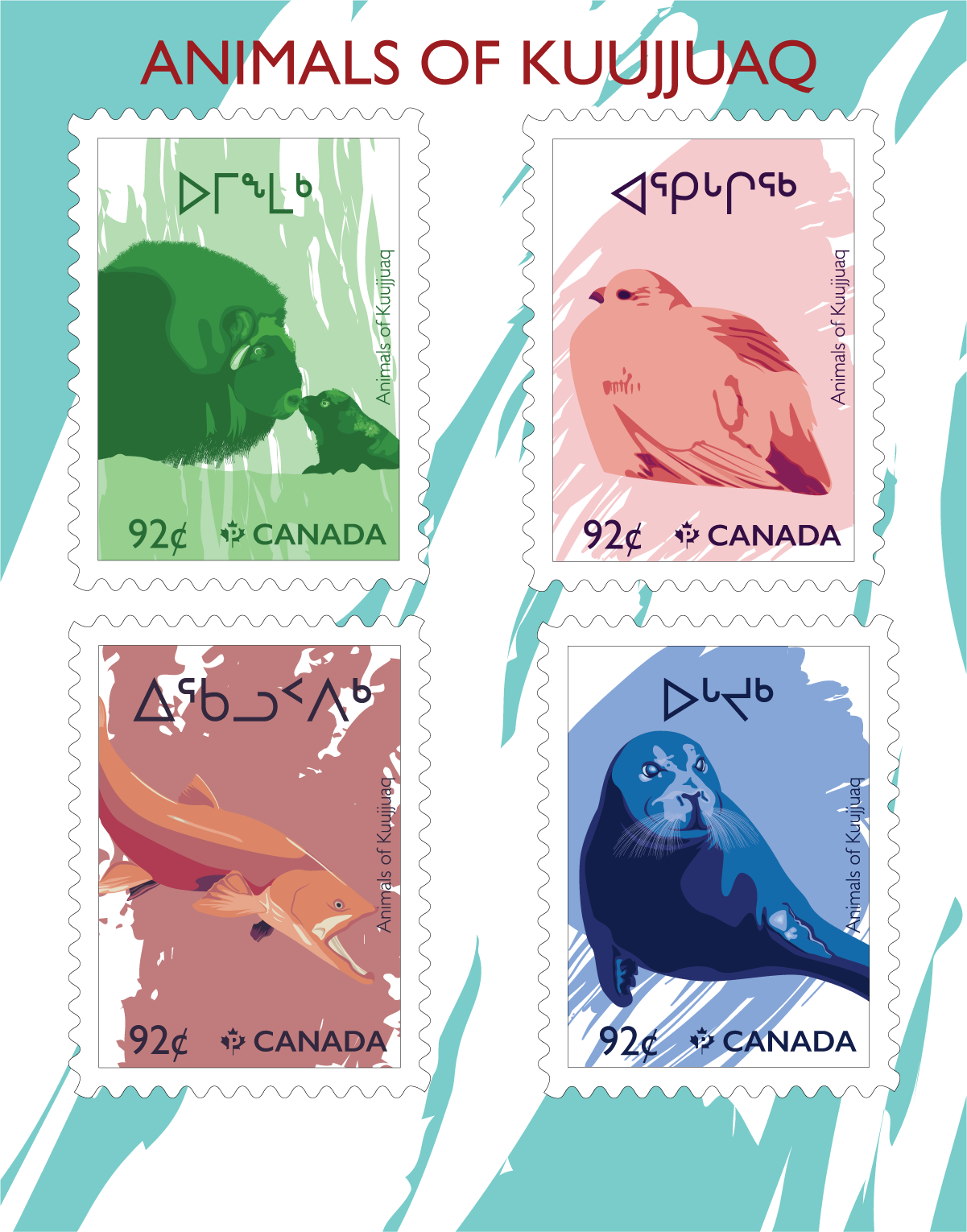 4 stamps depicting 4 different animals found in Kuujjuaq. The title says 'Animals of Kuujjuaq', with each stamp's title being the animal's name written in inuktitut.