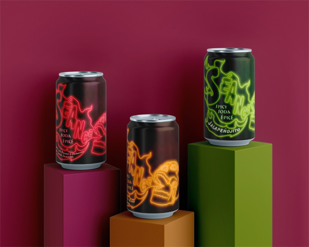 Seance; spicy soda brand displayed in a moody mockup.