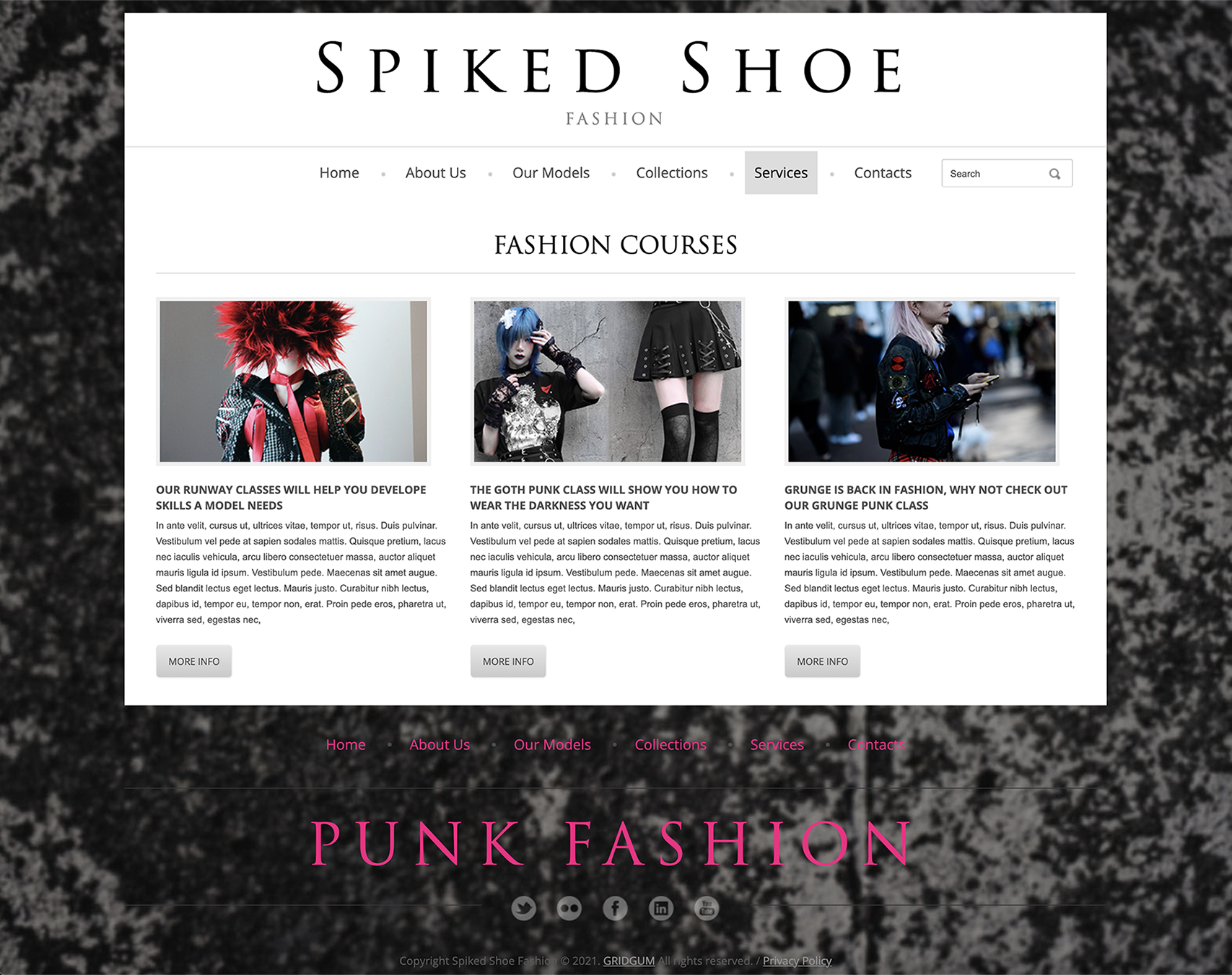 The services page of a website for a fake fashion company called 'Spiked Shoe'