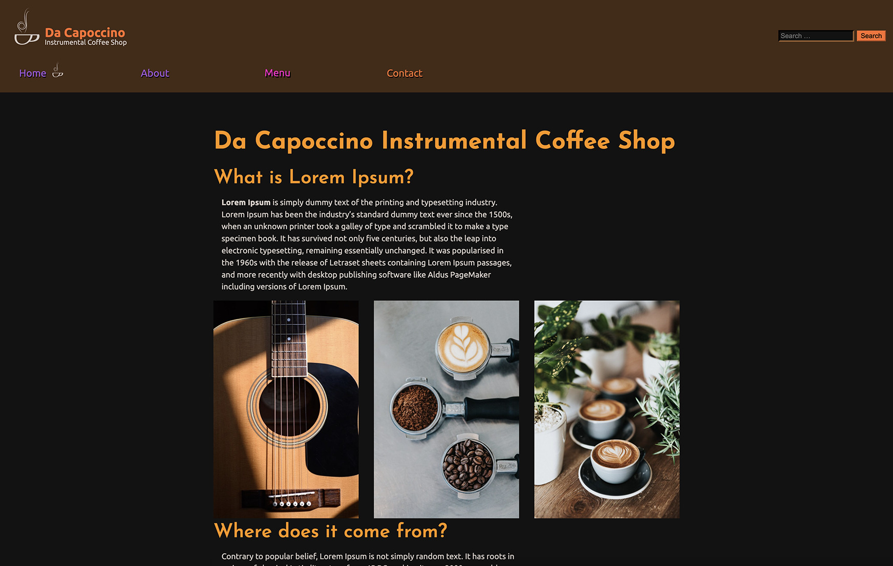 The homepage of a tradefaire website based around a fake coffee shop called Da Capoccino.