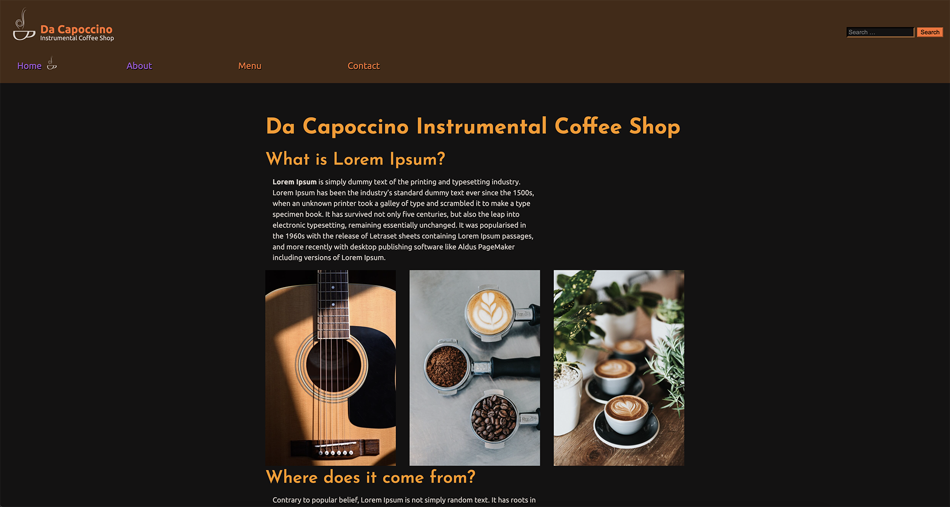 The homepage of a tradefaire website based around a fake coffee shop called Da Capoccino.