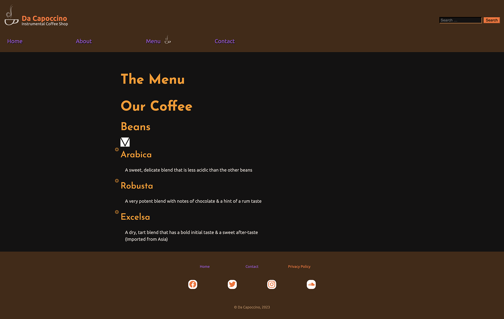 The menu page of a tradefaire website based around a fake coffee shop called Da Capoccino.