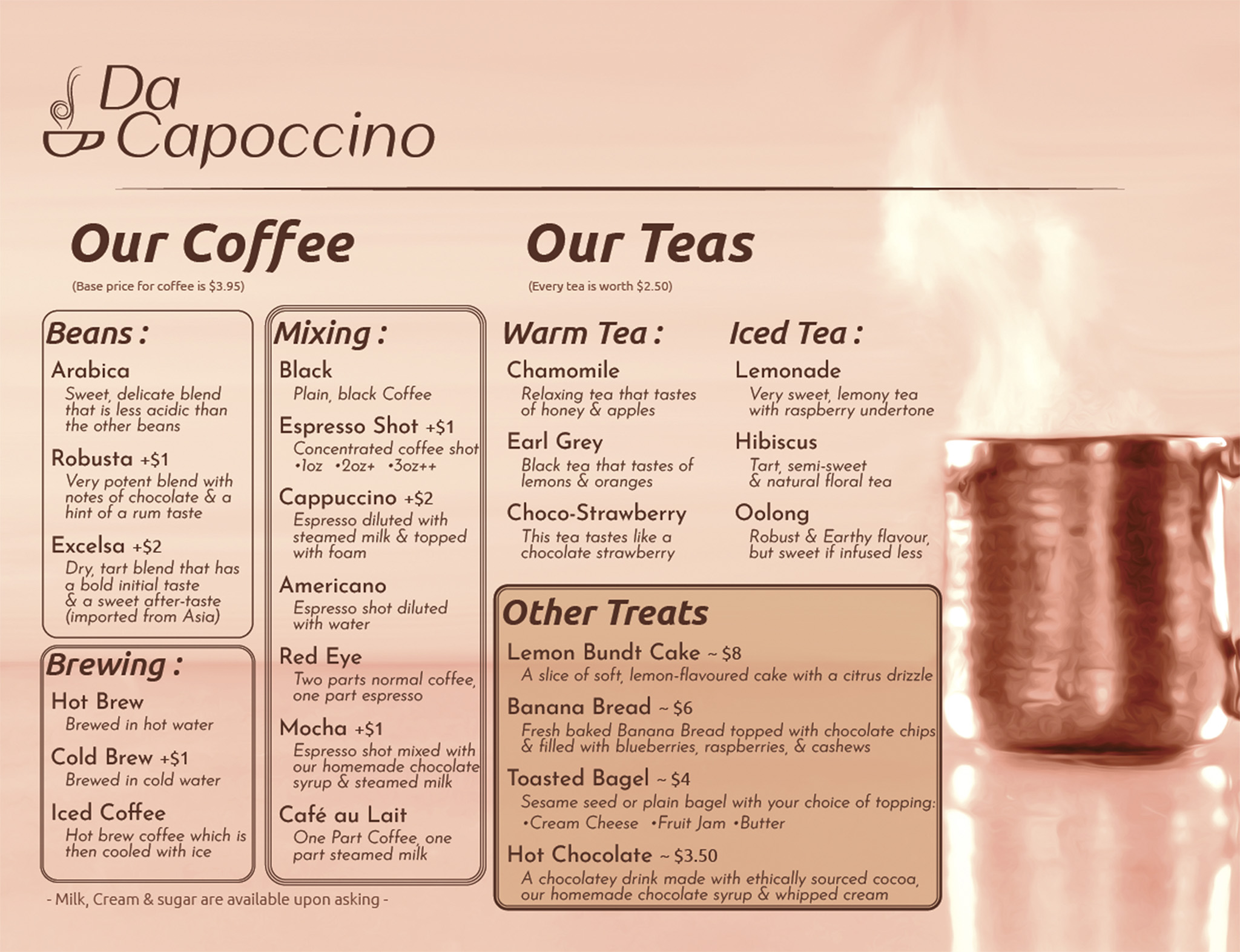 An english menu from Da Capoccino, offering coffee, tea, and small deserts.