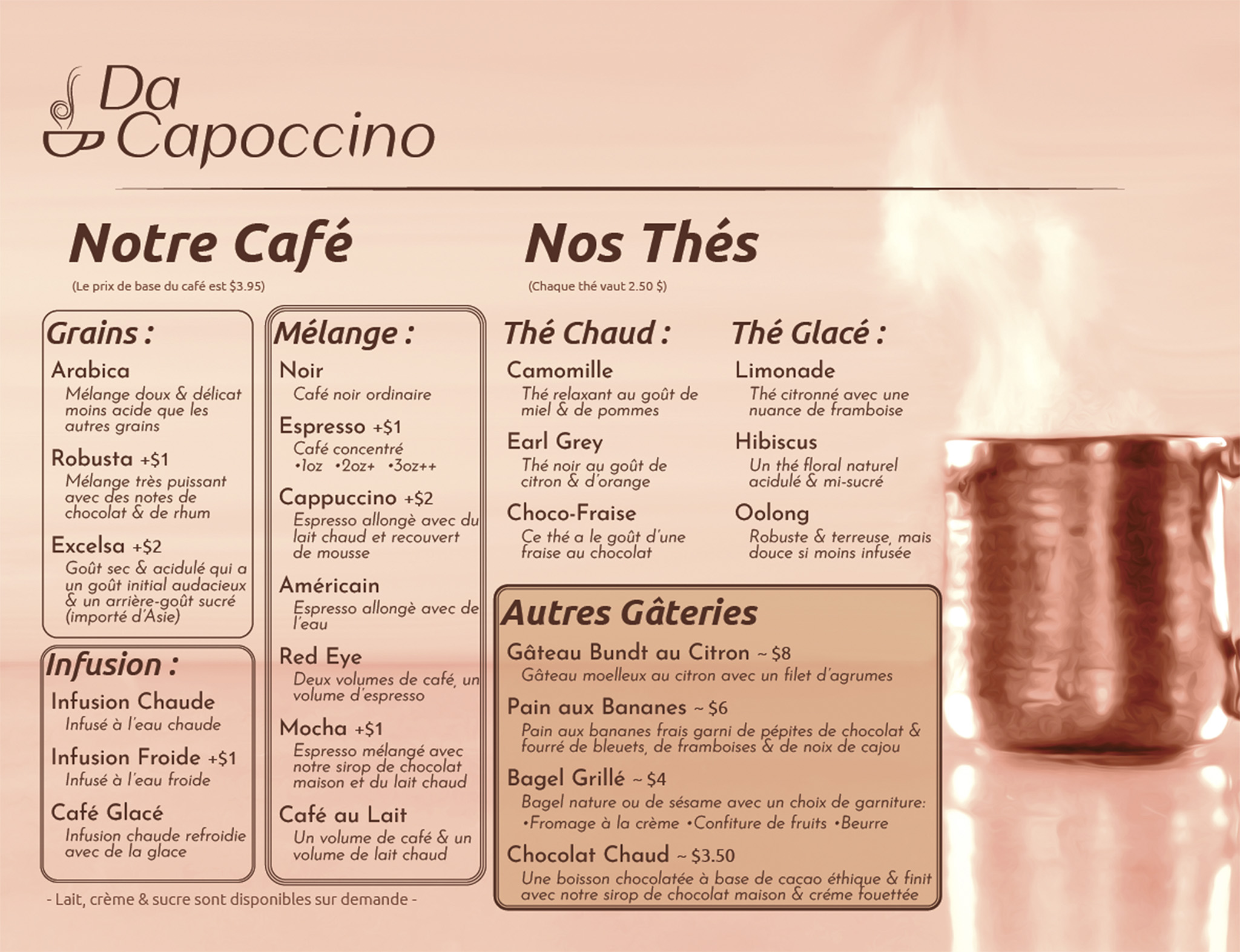 A French menu from Da Capoccino, offering coffee, tea, and small deserts.