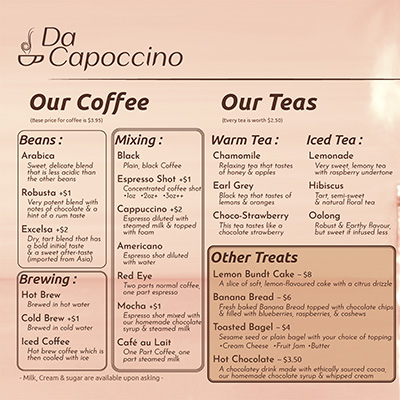 A menu from Da Capoccino, offering coffee, tea, and small deserts.