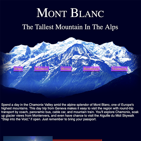 A travel website for Mont Blanc in the French Alps. 